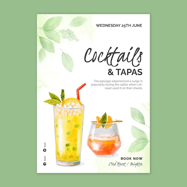 Vector watercolor cocktails vertical poster template