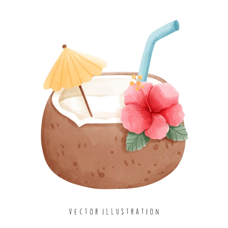 Vector 코코넛 주스의 수채화하와이 여행 벡터 일러스트 레이 션