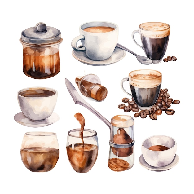 Акварельный кофейный клипарт в винтажном стиле, чашка, стеклянные кружки, кофейное пятно, ложка и кофе