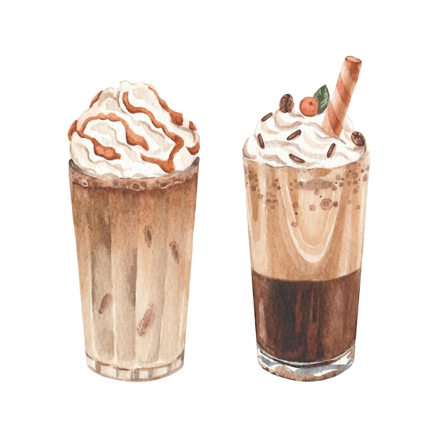 Vector watercolor coffee drinks with cream two types