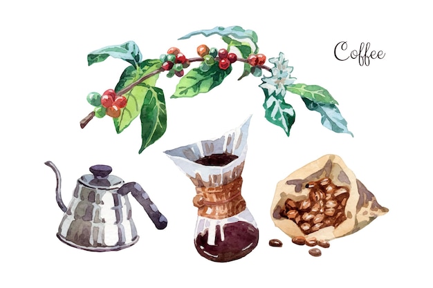 Watercolor coffee elements collection