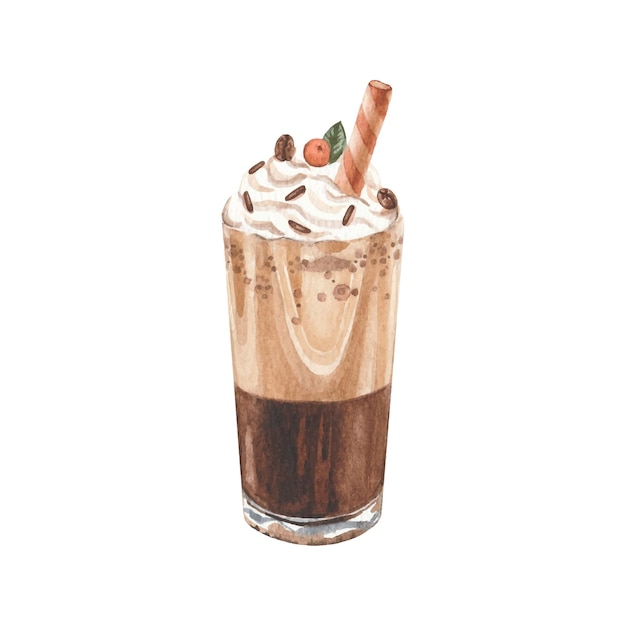 Vector watercolor coffee with cream and straw