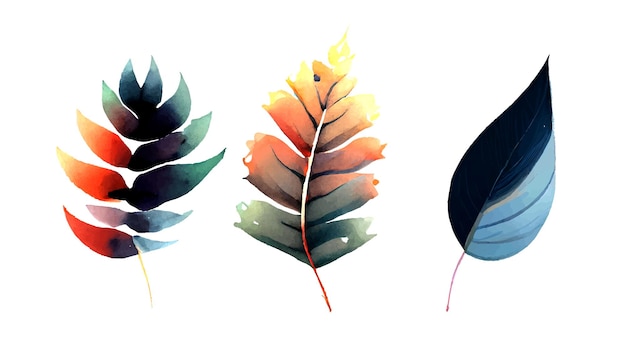 抽象的な葉の水彩コレクション。カラフルなベクター デザイン