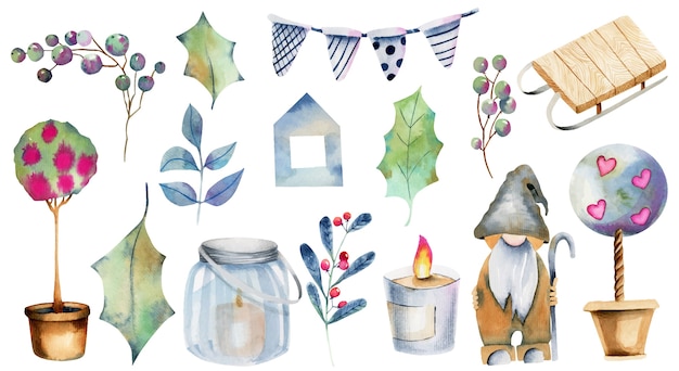 Watercolor collection of Christmas elements, hand drawn isolated on a white background