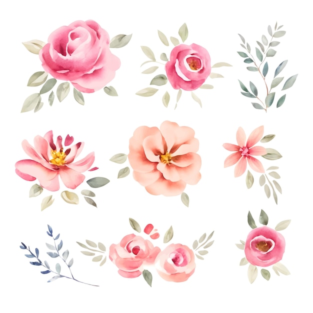 Vector watercolor collection of hand drawn abstract flowers floral set with simple roses small flowers vector illustration