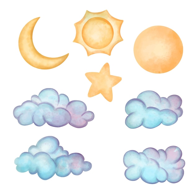 Vector watercolor collection of stars clouds sun and moon