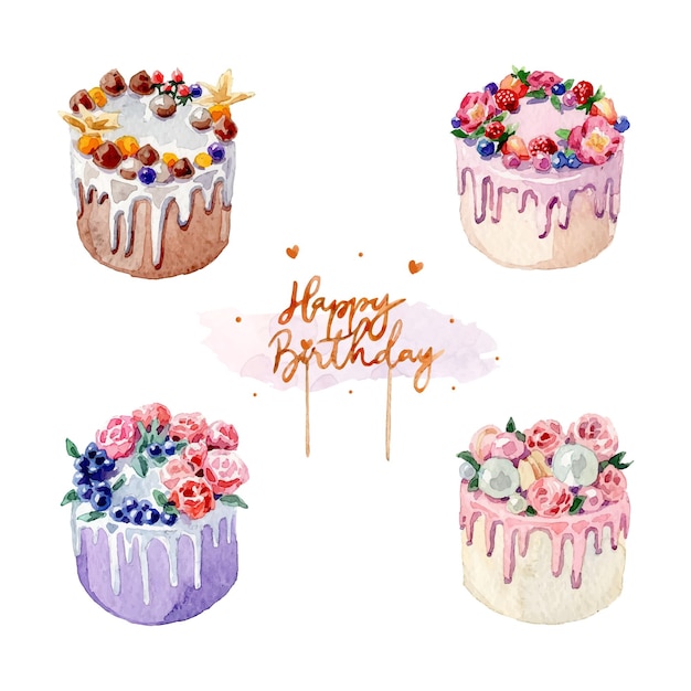 Коллекция акварельных красочных тортов ко дню рождения