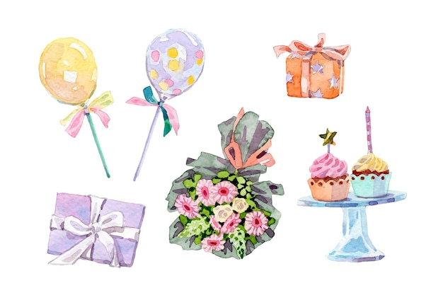 벡터 수채화 다채로운 생일 요소 컬렉션
