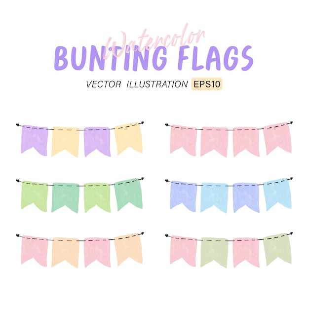 Watercolor colorful bunting flags clipart collection for decoration