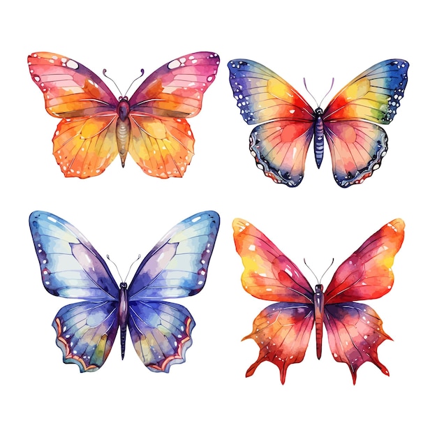 Акварельные красочные бабочки на белом фоне весенней иллюстрации