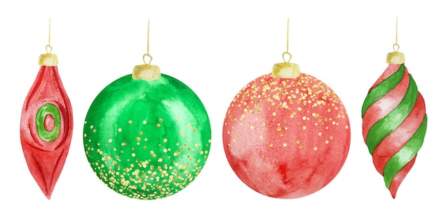 Watercolor colorful christmas red and green balls for a Christmas tree with gold decor