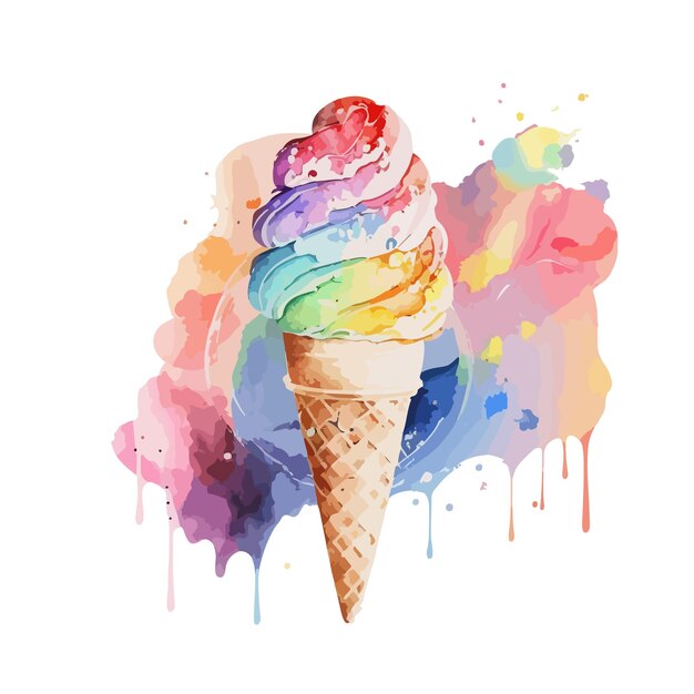 watercolor colorful cone icecream vector