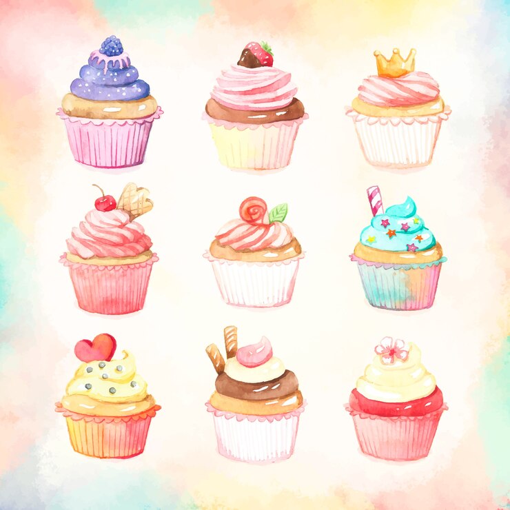 Vector watercolor colorful cupcake collection