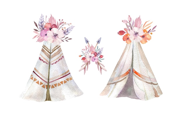 Watercolor colorful ethnic set of arrows teepee and flowers in native American styleTribal Navajo isolated illustration ornament on white background Indian