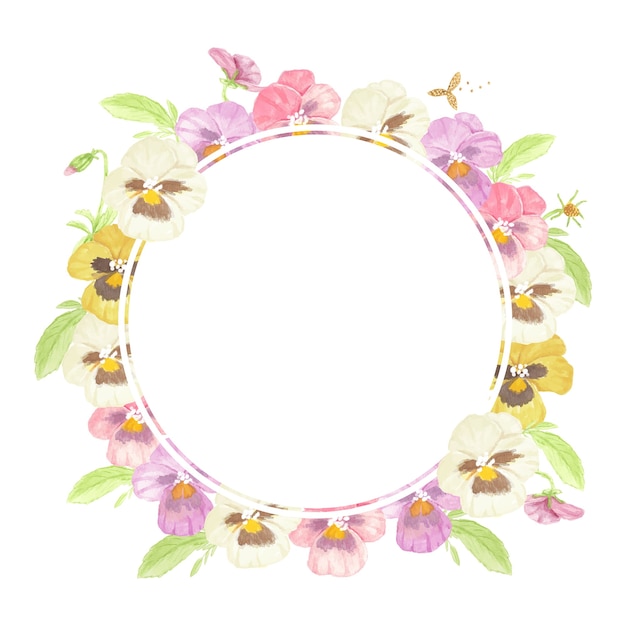 Watercolor colorful pansy flower wreath frame isolated on white background