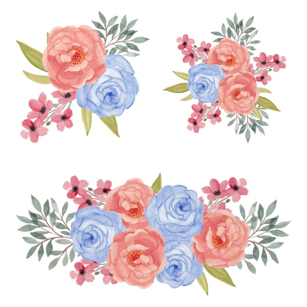 Watercolor colorful rose flower bouquet illustration set