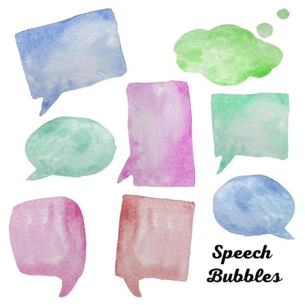 Watercolor colorful speech and thought communication bubbles isolated on white