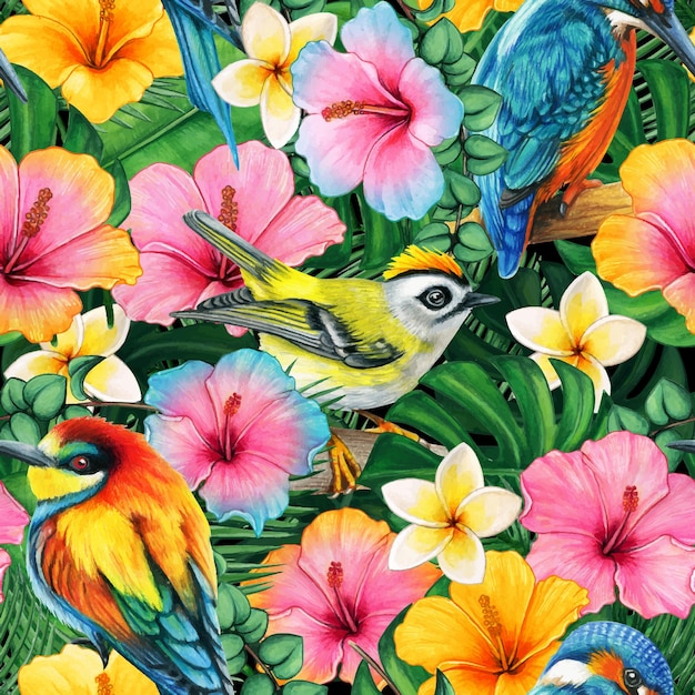 Watercolor colorful tropical birds and flowers pattern