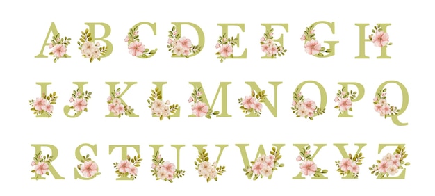 Watercolor complete alphabet with spring beautiful flowers