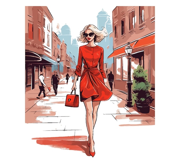 Vettore composizione dell'acquerello di una bella ragazza in un vestito rosso e una borsetta sullo sfondo vettore