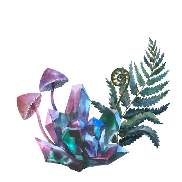Vector watercolor composition of blue and purple crystals fantasy toxic halloween mushrooms and fern