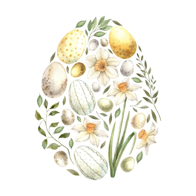 Watercolor composition in the form of an Easter egg in yellow and green shades daffodil eggs green