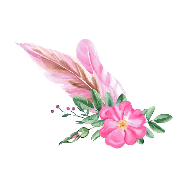 Vector watercolor composition from dog rose flowers leaves buds and pink feathers isolated on white