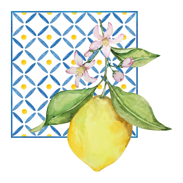 Watercolor composition juicy lemon flowers and Italian tile