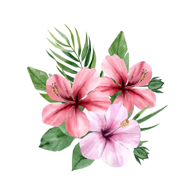 Watercolor composition of tropical flowers and leaves