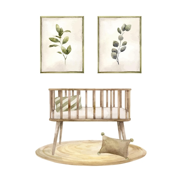 Watercolor composition with a baby crib and pillows on a carpet with photo frames and green plants