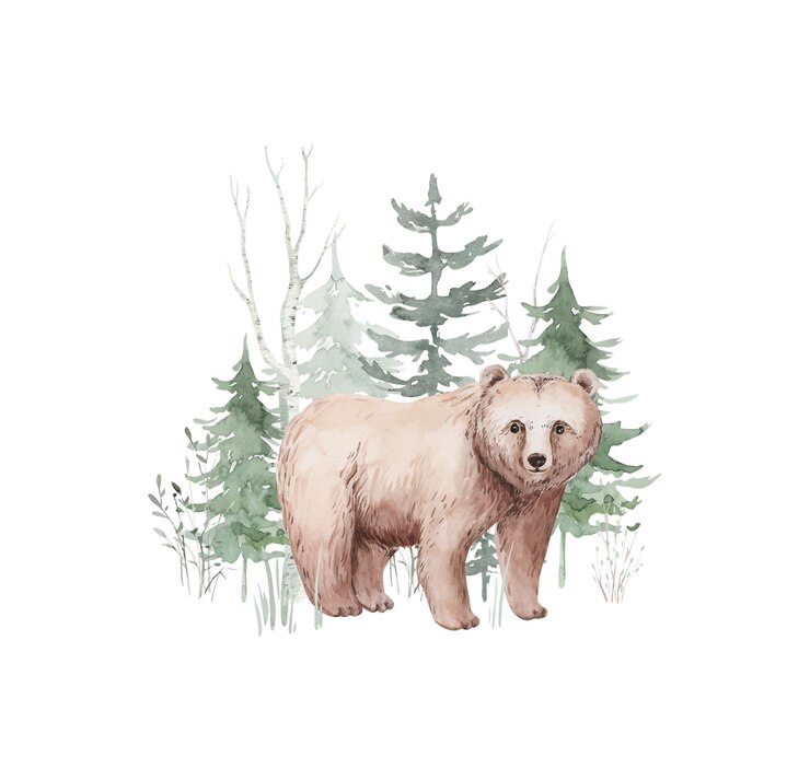 Vector watercolor composition with forest animals and natural elements bear green trees pine fir flowers