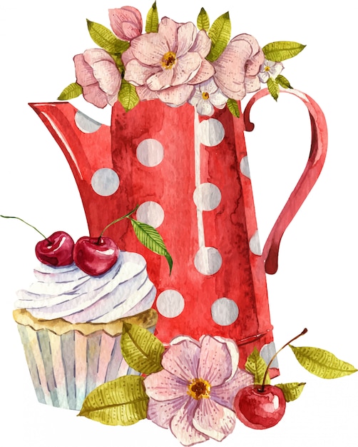 Watercolor composition with teapot, cup, cake and flowers. Cosy kitchen decor. Hand painted illustration. English breakfast, vintage style