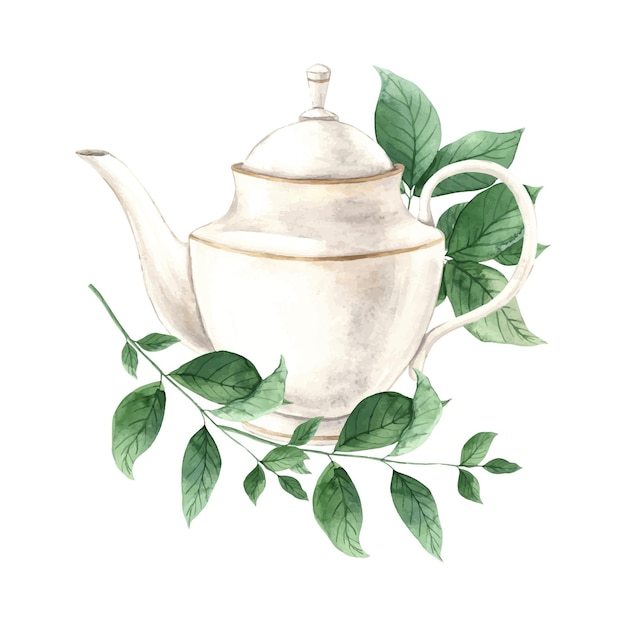 Акварельная композиция с винтажным чайником и свежей мятой Иллюстрация нарисована вручную