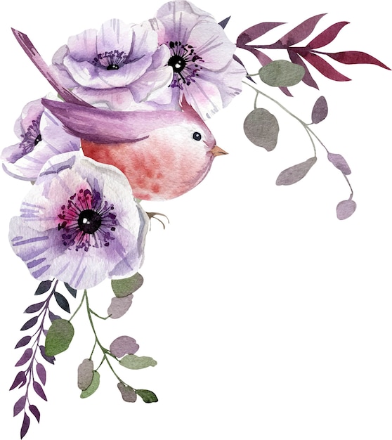 Watercolor  composition with white and purple flowers, leaves.