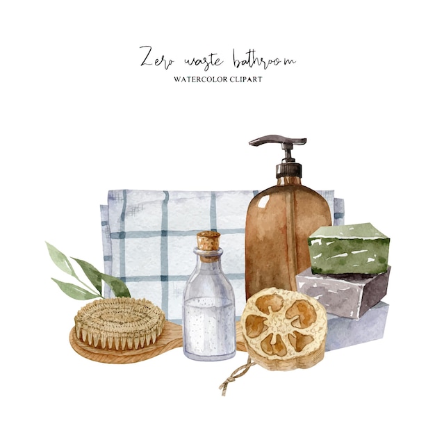 Vector watercolor composition with zero waste bathroom accessories vector clipart