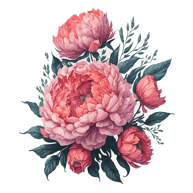 Watercolor coral peony clipart floral bouquet vector