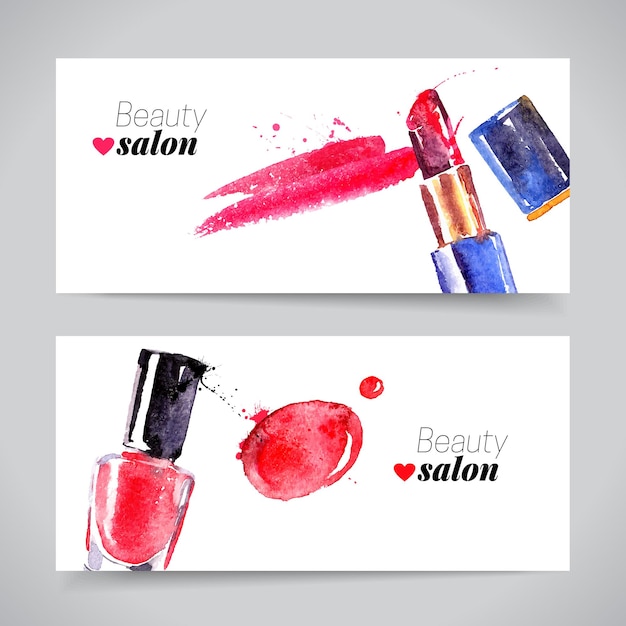 Watercolor cosmetics banner set vector beauty illustration