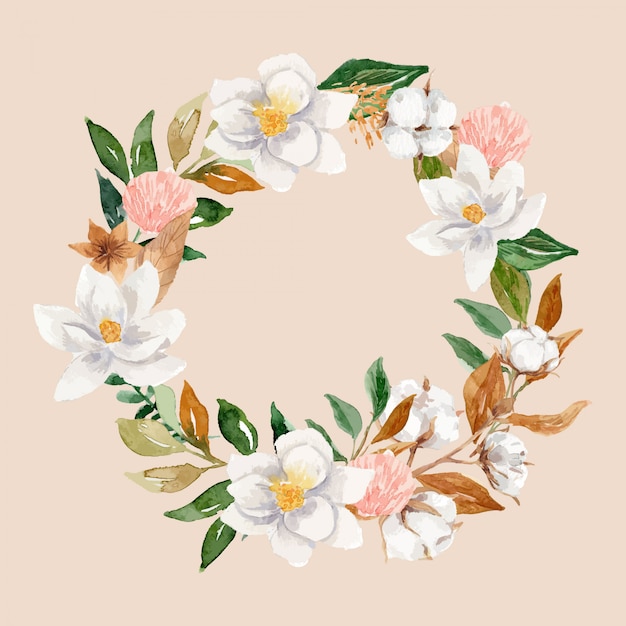 Watercolor Cotton and Magnolia Floral Wreath