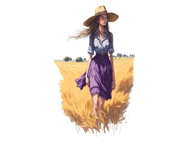 Watercolor countryside girl with cowboy hat walking in field of wheat