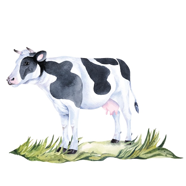 Vector watercolor cow drawingfarm animaldairy cow standing on grass