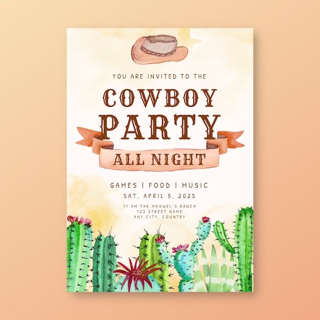 Vector watercolor cowboy party invitation