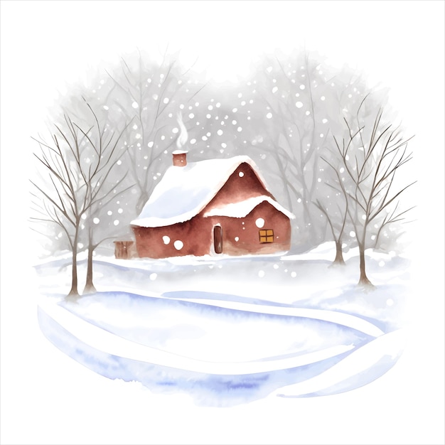 Акварель уютный зимний дом со снегом на крышах деревьев, изолированных на белом фоне Векторная иллюстрация Зимний пейзаж Векторная иллюстрация