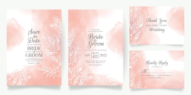 抽象的な背景とセットの水彩クリーミーな結婚式の招待カードテンプレート