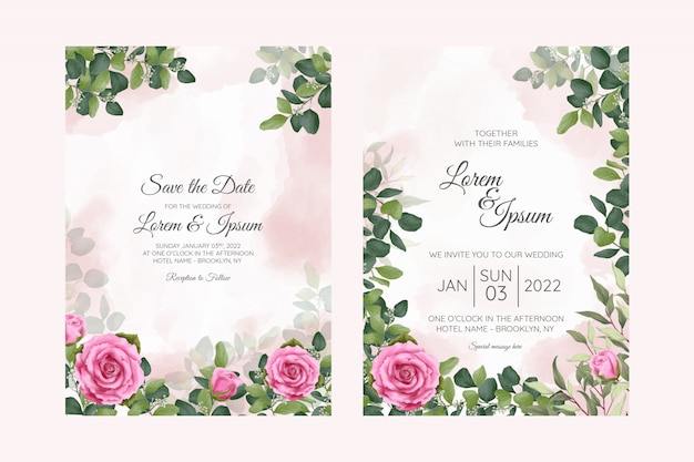 Watercolor creamy wedding invitation card template set with floral decoration