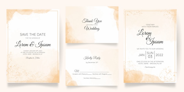 Watercolor creamy wedding invitation card template set with golden floral frame