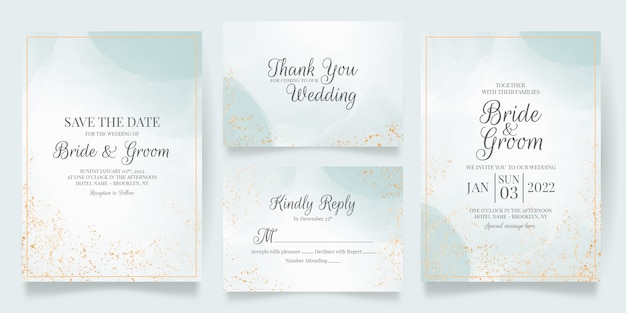 Watercolor creamy wedding invitation card template with golden floral decoration