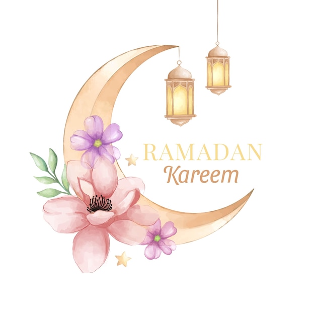 Acquerello crescent islamic con fiori per ramadan kareem e eid mubarak