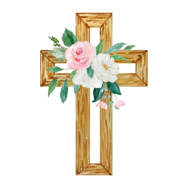 Watercolor cross decorated with flowers Easter religious symbol