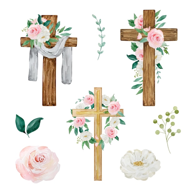 教会の休日のデザインのための花イースターの宗教的なシンボルで飾られた水彩画の十字架
