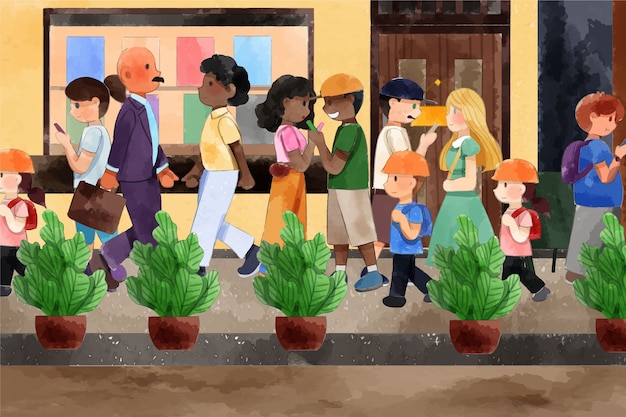 Vector watercolor crowd of people walking illustration